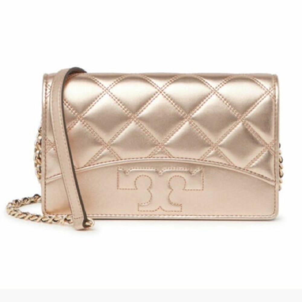 Tory Burch Savannah Chain Flat Wallet Rose Gold Crossbody Bag